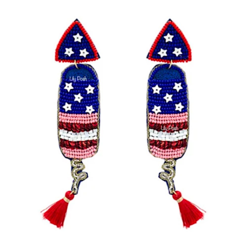 Beaded Fire Cracker Rocket Earring, Oversized Statement Red White Blue Earring